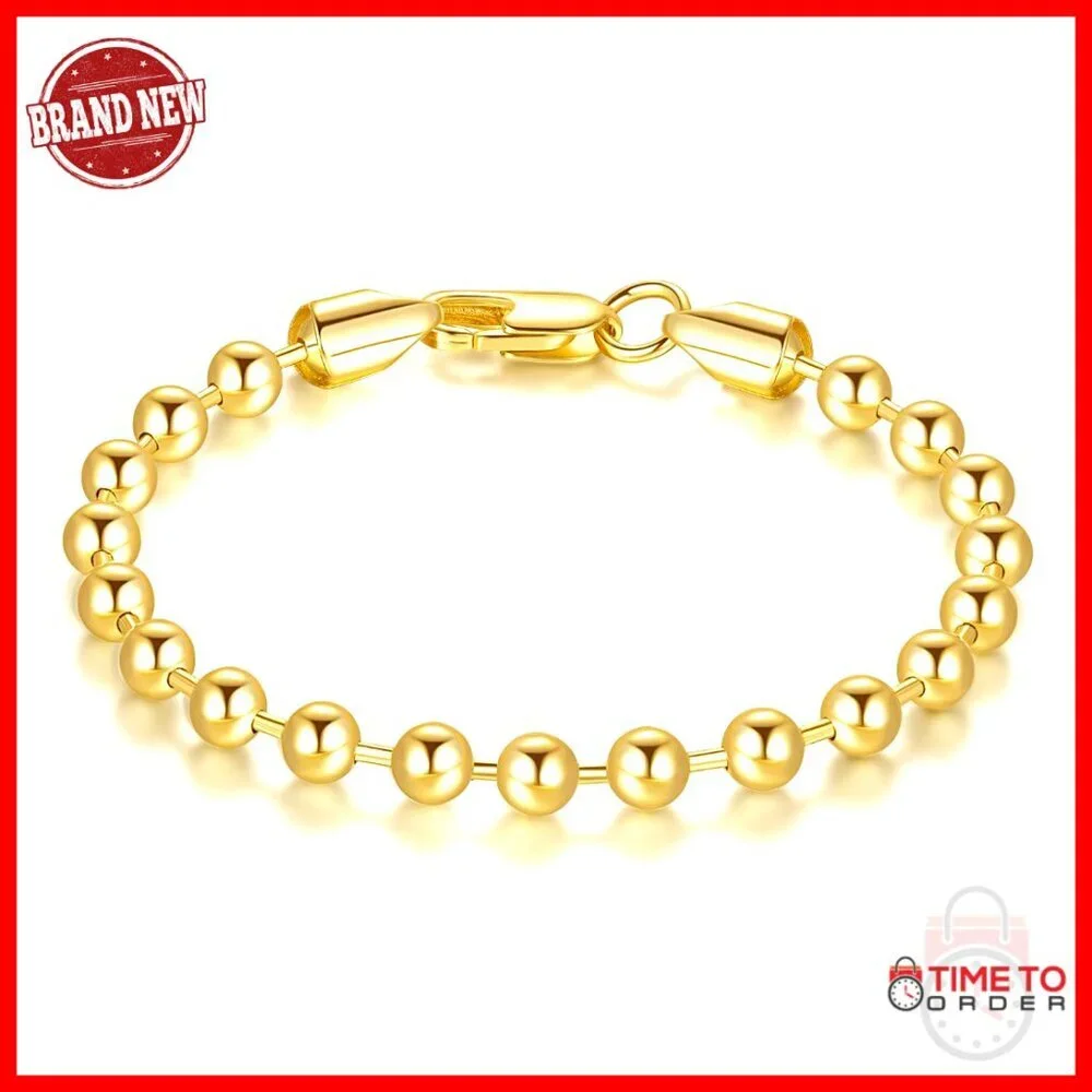 14K Gold Plated Bead Chain Bracelet Minimal Elegant Unisex Stackable Lobster